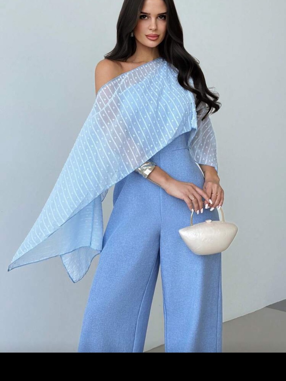 Elegant Light Blue One-Shoulder Wide-Leg Jumpsuit